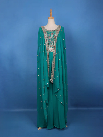 Teal Green Floral Design Sequin Embellishment Georgette Skirt Top - Diadem