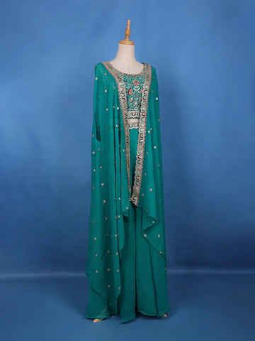 Teal Green Floral Design Sequin Embellishment Georgette Skirt Top - Diadem