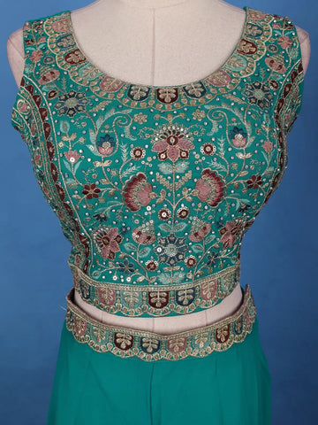 Teal Green Floral Design Sequin Embellishment Georgette Skirt Top - Diadem
