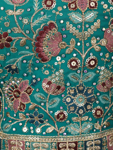 Teal Green Floral Design Sequin Embellishment Georgette Skirt Top - Diadem