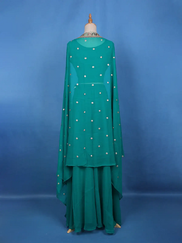 Teal Green Floral Design Sequin Embellishment Georgette Skirt Top - Diadem