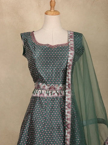 Teal Green Floral Design Silk Lehenga With Dupatta - Diadem