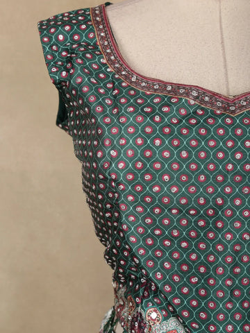Teal Green Floral Design Silk Lehenga With Dupatta - Diadem