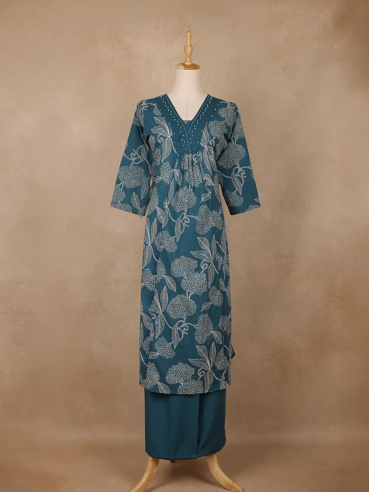 Teal Green Floral Designed Cotton Salwar Suit - Diadem