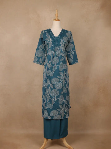Teal Green Floral Designed Cotton Salwar Suit - Diadem