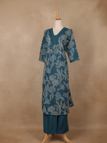 Teal Green Floral Designed Cotton Salwar Suit - Diadem