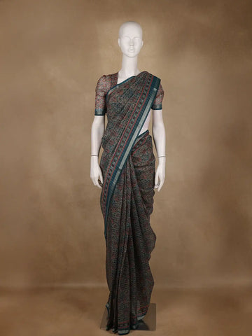 Teal Green Floral Designed Cotton Saree - Diadem