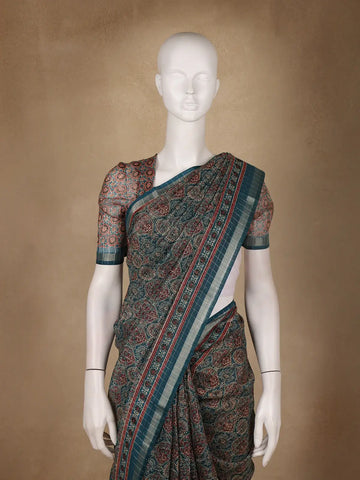 Teal Green Floral Designed Cotton Saree - Diadem