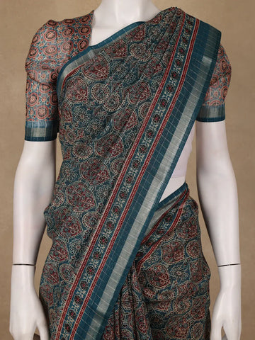 Teal Green Floral Designed Cotton Saree - Diadem