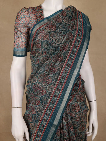 Teal Green Floral Designed Cotton Saree - Diadem