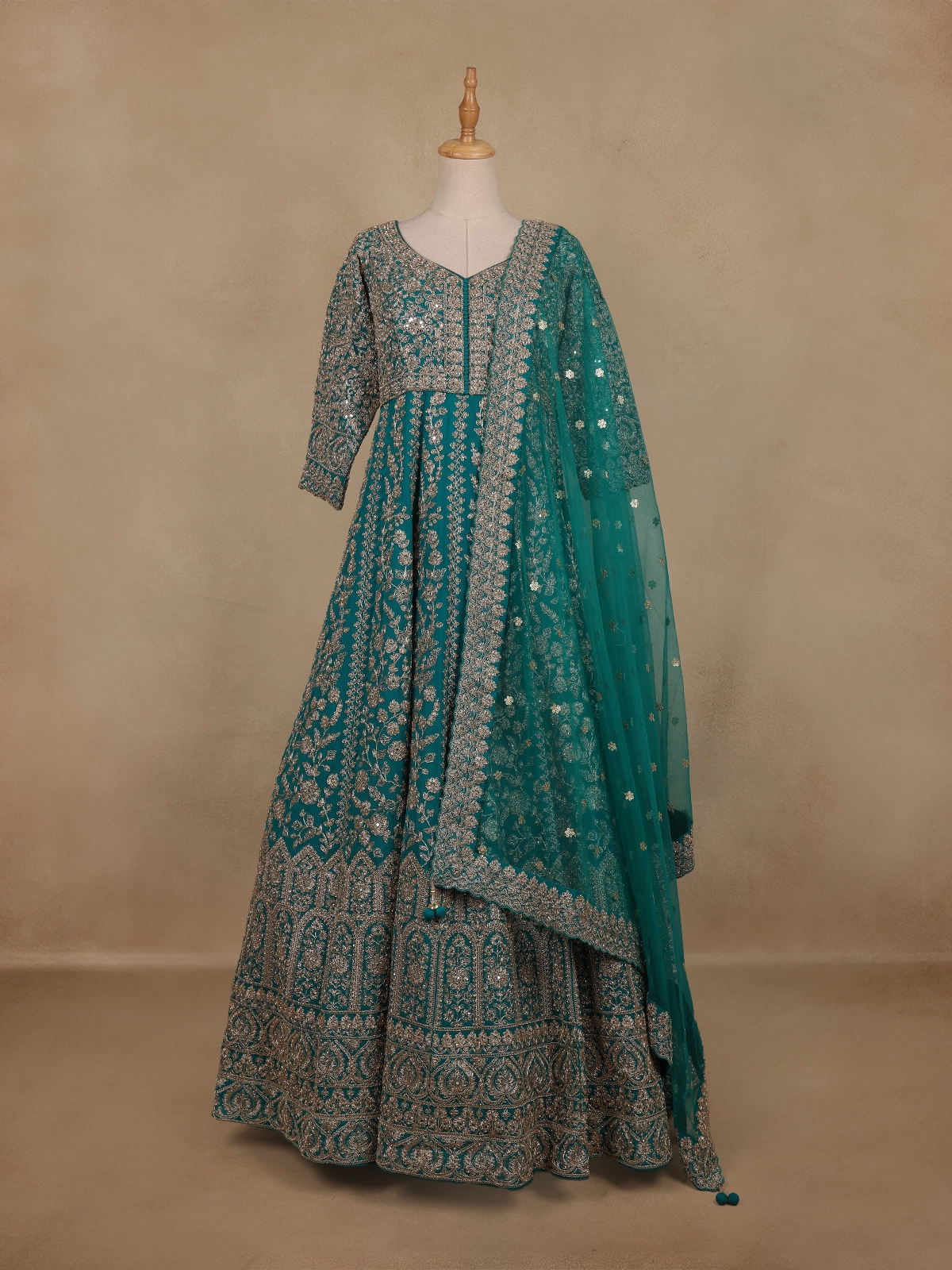 Teal Green Floral Embroidered Design Net Gown