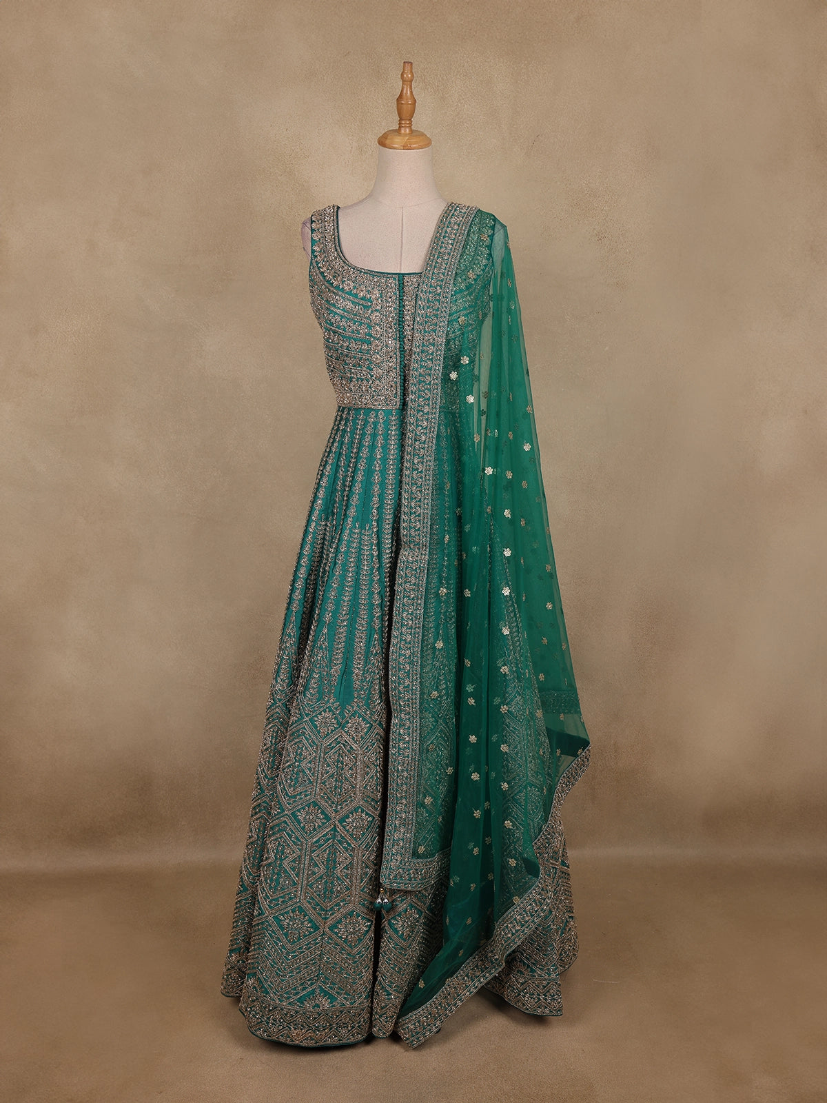 Teal Green Floral Embroidered Design Net Gown
