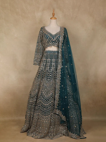 Teal Green Floral Embroidery Bridal Net Lehenga - Diadem