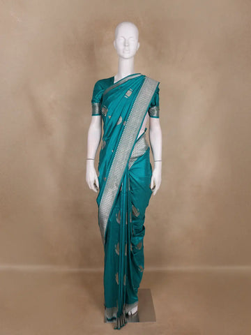 Teal Green Leaf Motif Design Pure Banarasi Saree - Diadem