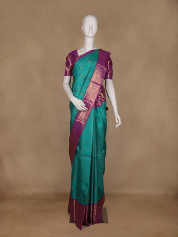 Teal Green Peacock Motif Woven Pure Kanchipuram Silk Saree - Diadem
