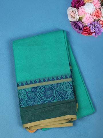 Teal Green Solid Cotton Saree With Blue Floral Design Border - Diadem
