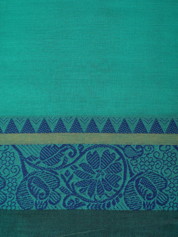 Teal Green Solid Cotton Saree With Blue Floral Design Border - Diadem