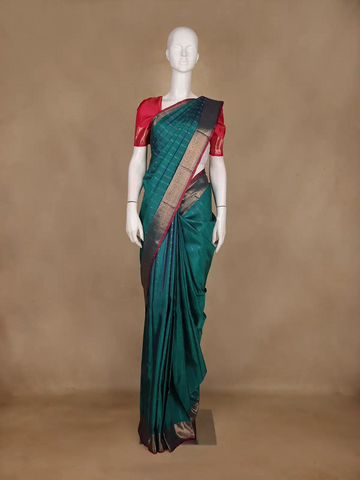 Teal Green Stripes Woven Pure Kanchipuram Silk Saree - Diadem