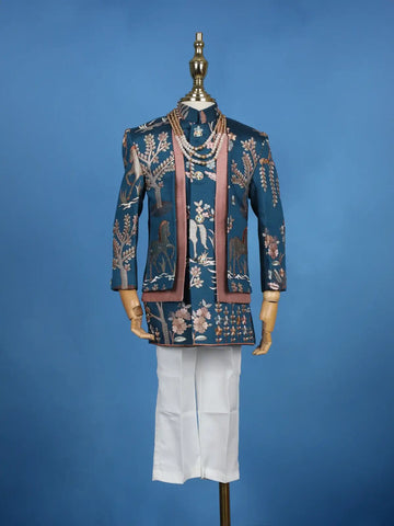 Teal Blue Cotton Floral Embroidery Over Jacket Sherwani And Pant Set - Diadem