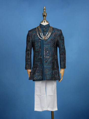 Teal Blue Cotton Floral Embroidery Sherwani And Pant Set - Diadem