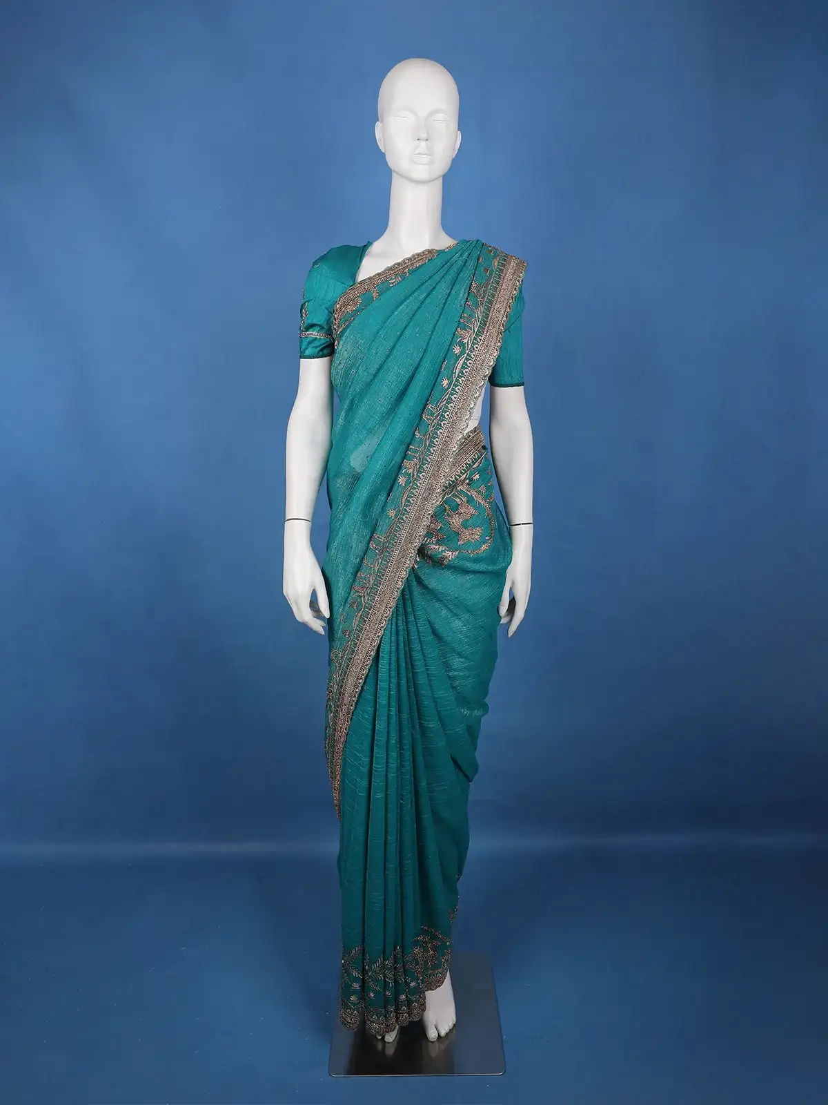 Teal Blue Deer Motif Embroidered Georgette Saree - Diadem