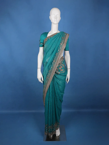 Teal Blue Deer Motif Embroidered Georgette Saree - Diadem