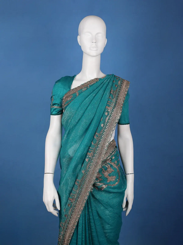Teal Blue Deer Motif Embroidered Georgette Saree - Diadem