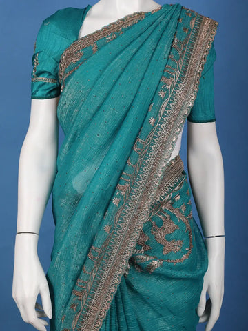 Teal Blue Deer Motif Embroidered Georgette Saree - Diadem