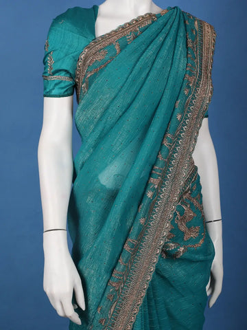 Teal Blue Deer Motif Embroidered Georgette Saree - Diadem