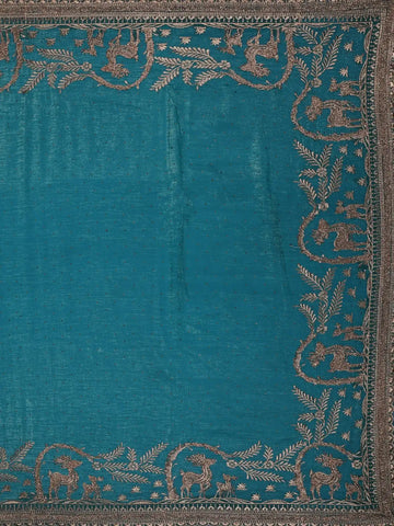 Teal Blue Deer Motif Embroidered Georgette Saree - Diadem