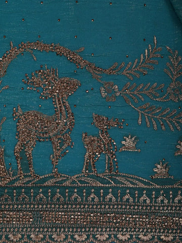Teal Blue Deer Motif Embroidered Georgette Saree - Diadem