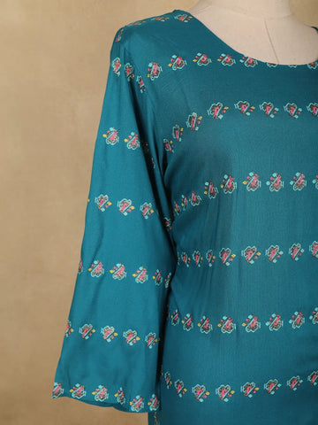 Teal Blue Floral Design Cotton Kurti - Diadem