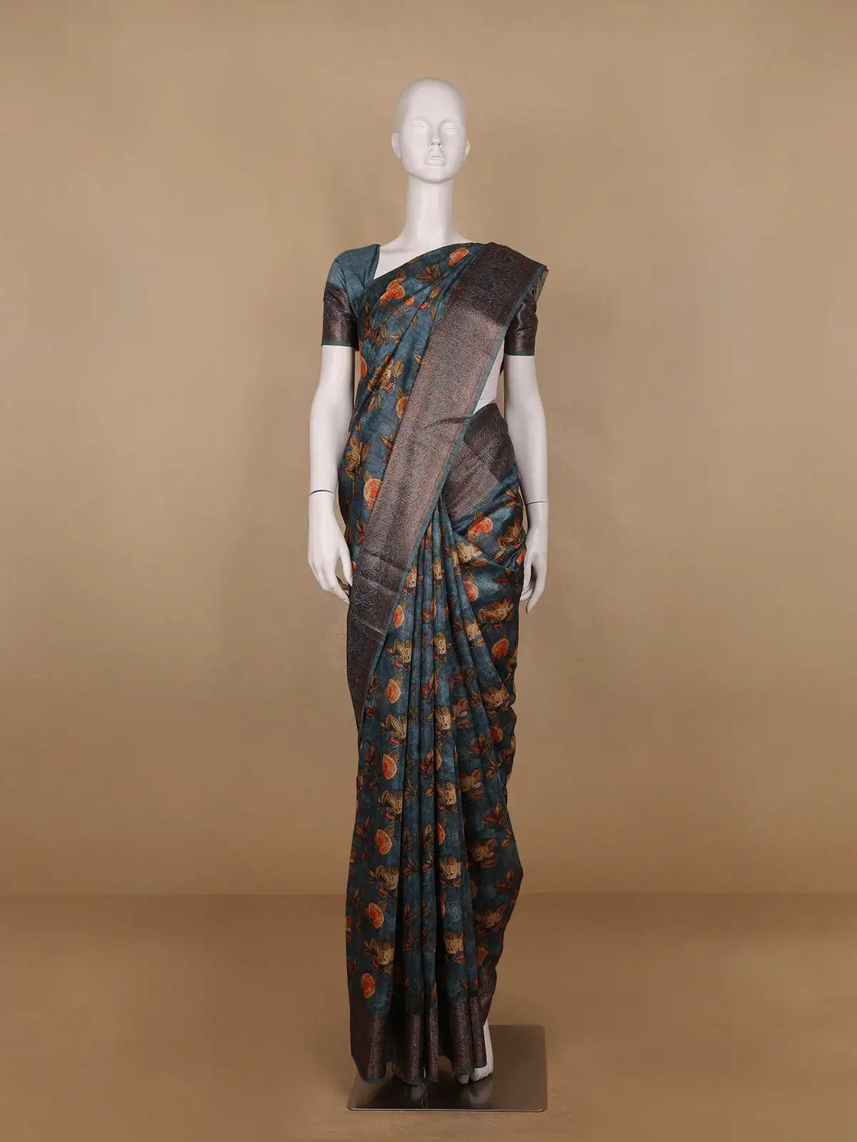 Teal Blue Floral Designed Chanderi Cotton Saree - Diadem