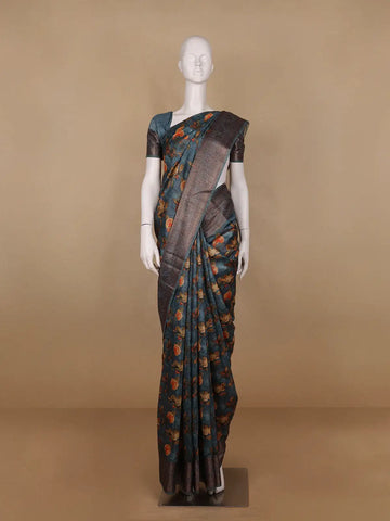 Teal Blue Floral Designed Chanderi Cotton Saree - Diadem