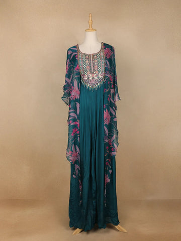 Teal Blue Floral Printed IndoWestern Crepe Gown - Diadem