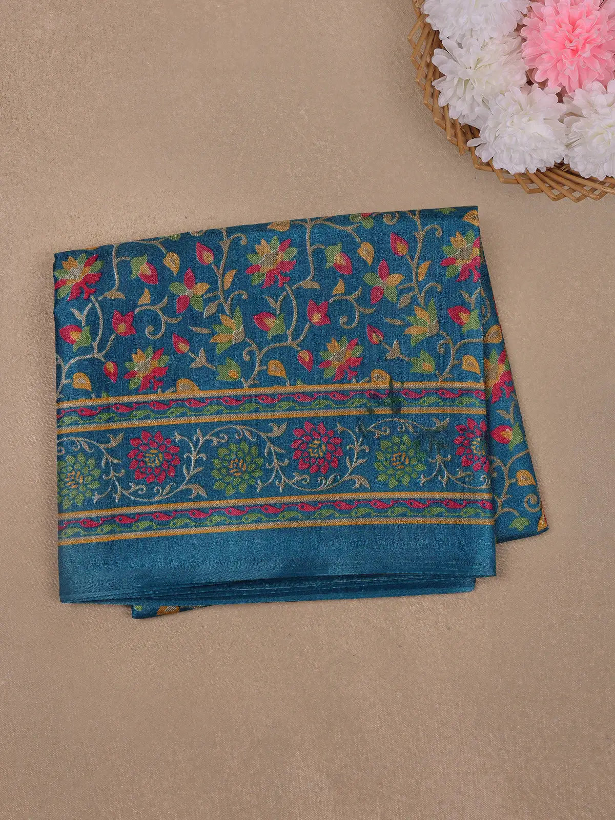 Teal Blue Floral Prints Fancy Cotton Saree - Diadem