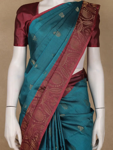 Teal Blue Floral and Paisley Design Woven Soft Silk Saree - Diadem
