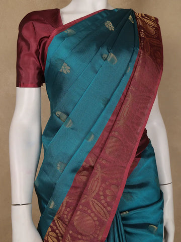 Teal Blue Floral and Paisley Design Woven Soft Silk Saree - Diadem