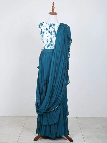 Teal Blue Indo Western Lehenga Adorned in Wrinkle Crepe Floral Prints - Diadem