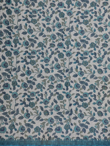 Teal Blue Kalamkari Inspired Floral Printed Cotton Saree - Diadem