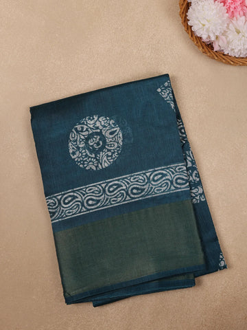Teal Blue Paisley Circle Motif Printed Cotton Saree - Diadem
