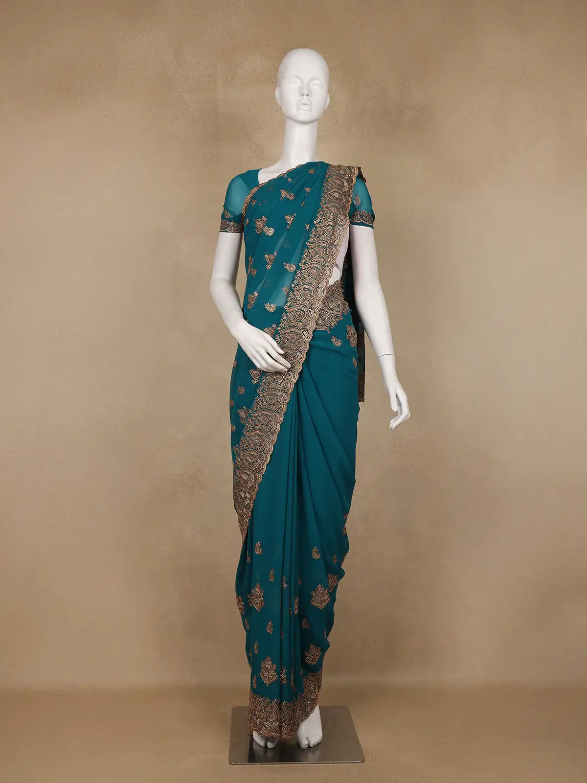 Teal Blue Paisley Embroidered Chiffon Saree - Diadem