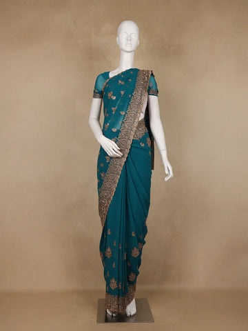 Teal Blue Paisley Embroidered Chiffon Saree - Diadem