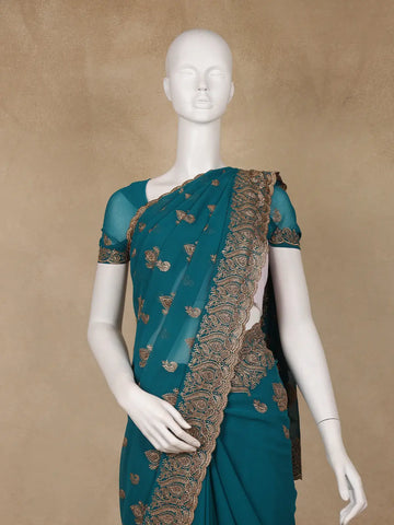 Teal Blue Paisley Embroidered Chiffon Saree - Diadem