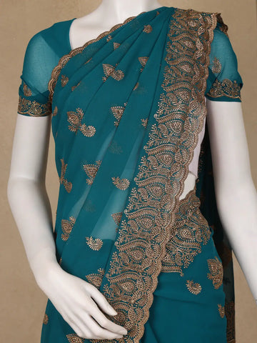 Teal Blue Paisley Embroidered Chiffon Saree - Diadem
