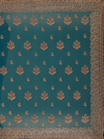 Teal Blue Paisley Embroidered Chiffon Saree - Diadem