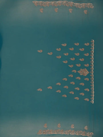 Teal Blue Paisley Embroidered Chiffon Saree - Diadem
