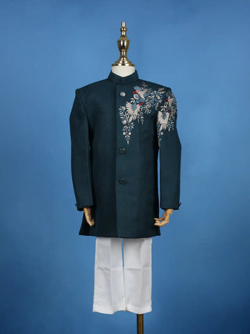 Teal Blue Pollyester Floral And Birds Embroidery Sherwani And Pant Set - Diadem