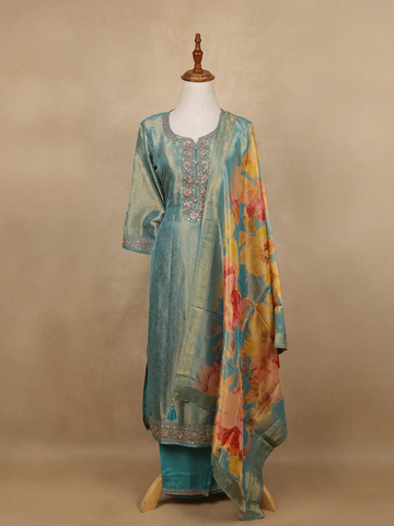 Teal Blue Sequins Design Floral Printed Banarasi silk Salwar Suit - Diadem