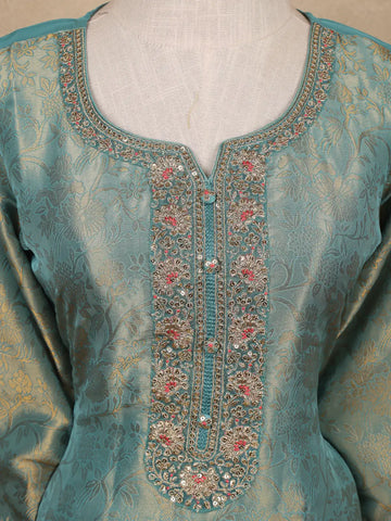 Teal Blue Sequins Design Floral Printed Banarasi silk Salwar Suit - Diadem